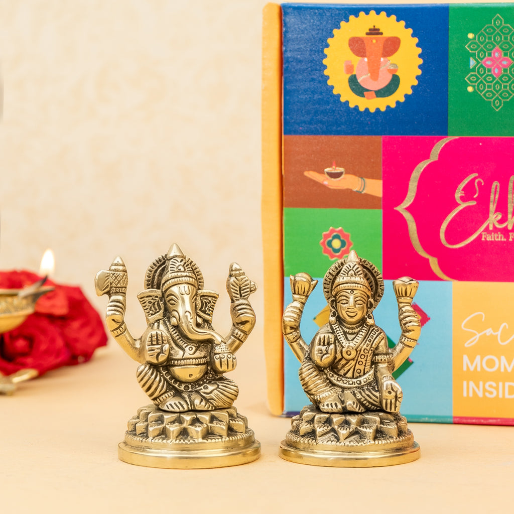 Brass Lakshmi Ganesh Idol with Gift Box for Housewarming, Wedding & Gifting
