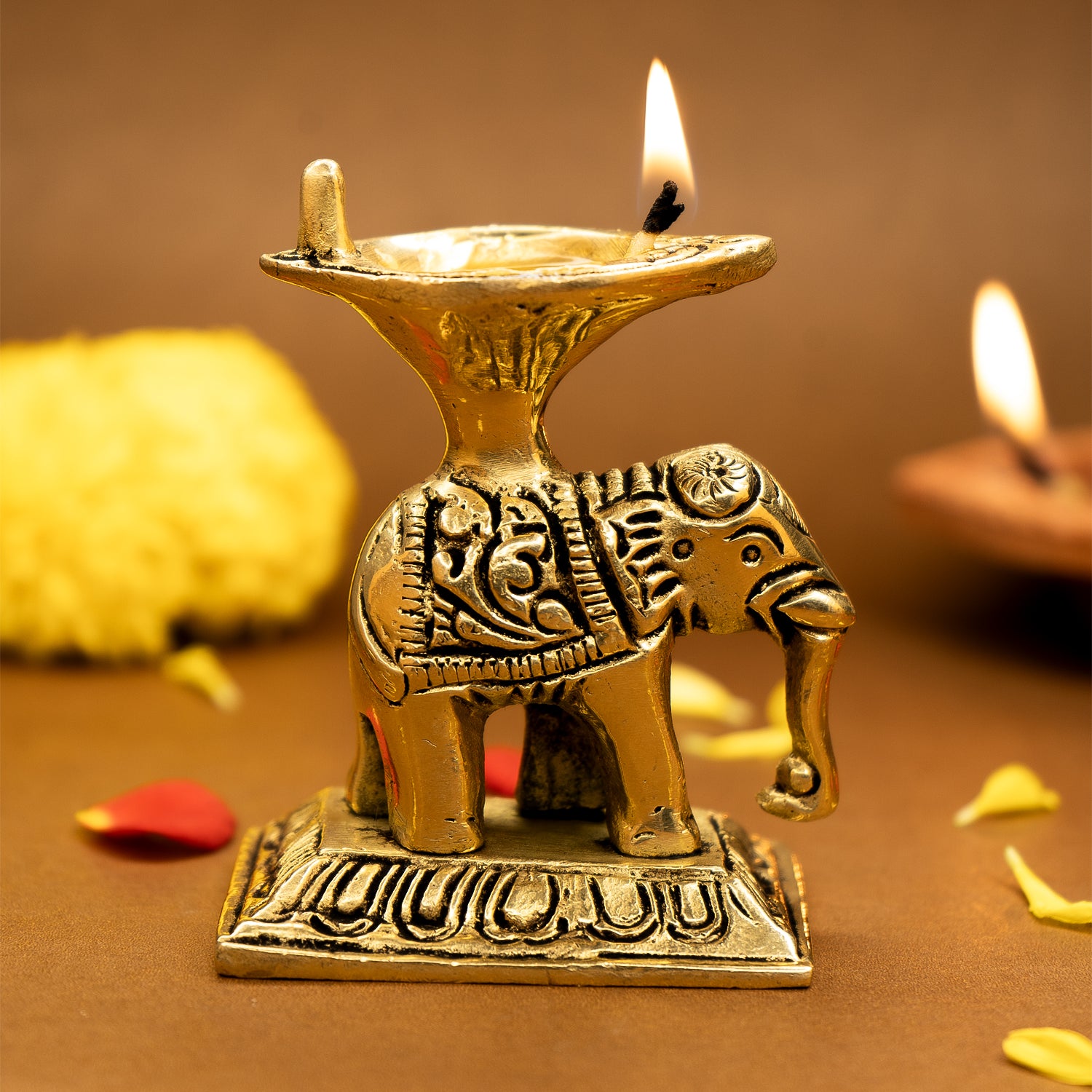 Pure Brass Elephant Diya for Pooja, Temple & Home Decor