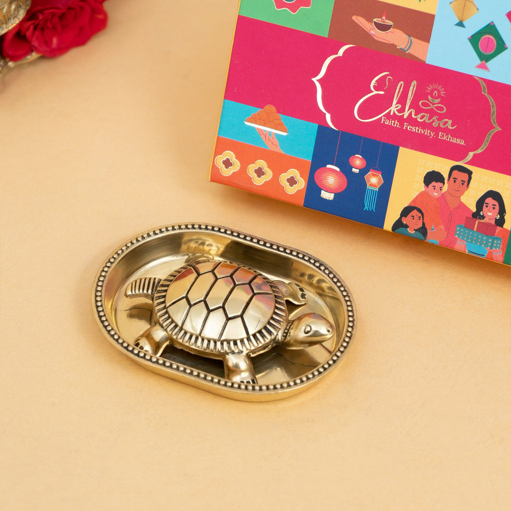 Brass Tortoise Idol with Plate & Gift Box for Housewarming, Wedding & Gifting