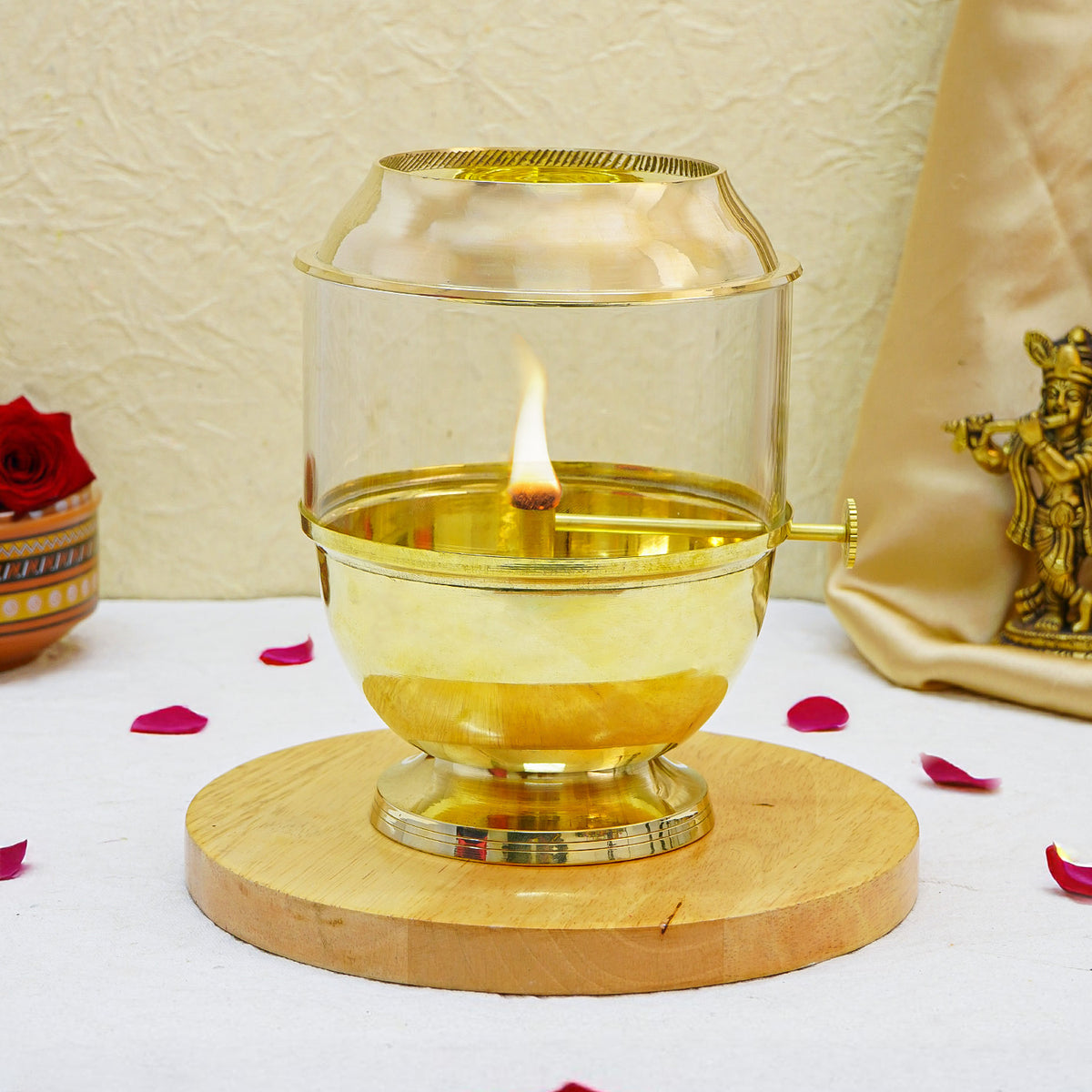 Brass Akhand Jyot Diya with Adjustable Bati Knob & Glass Cover for Puja(500 ML)