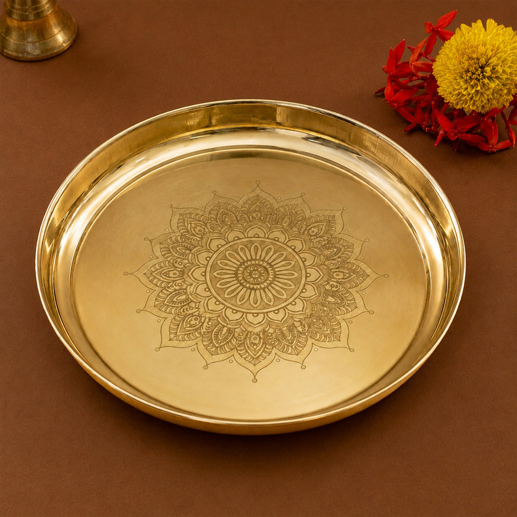 Brass Mandala Engraved Pooja Thali(7 inch) for Aarti, Pooja Rituals, Festive & Gifting