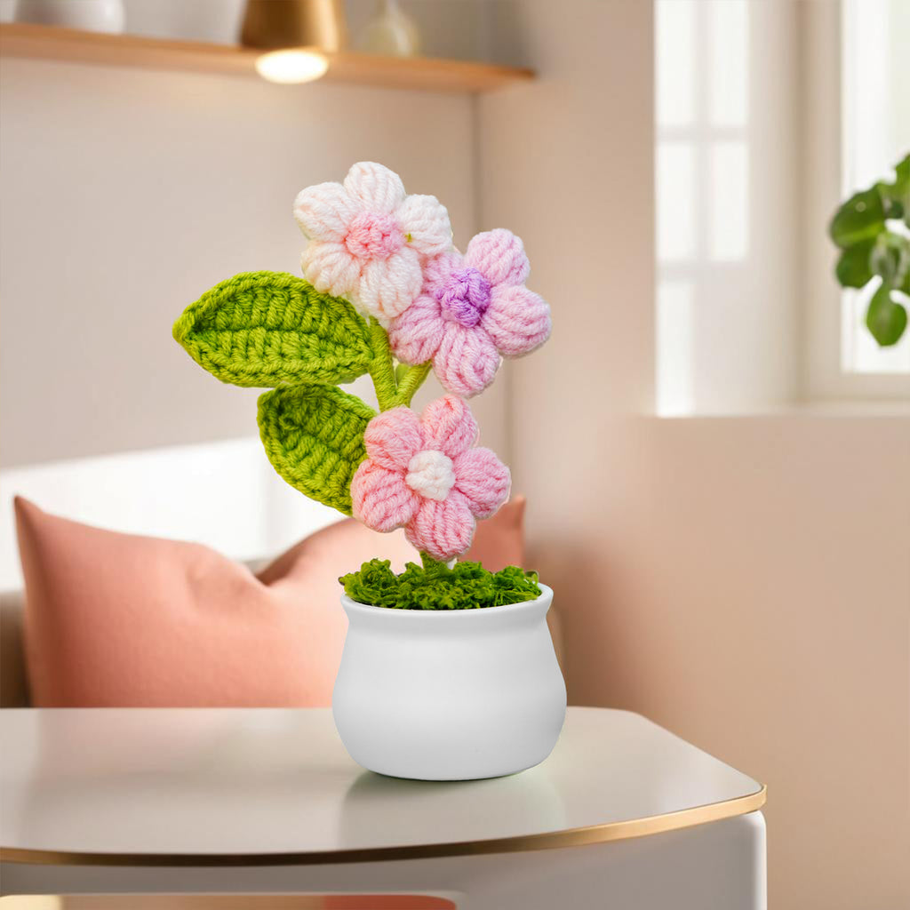 Crochet Cherry Blossom Flowers Pot for Home Decor & Gifting