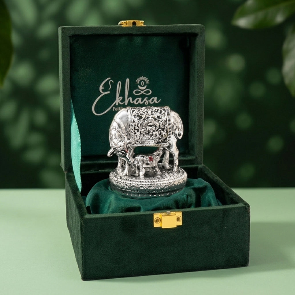 999 Silver Plated Kamdhenu Cow with Calf with Green Velvet Gift Box for Vastu, Housewarming & Wedding Gift