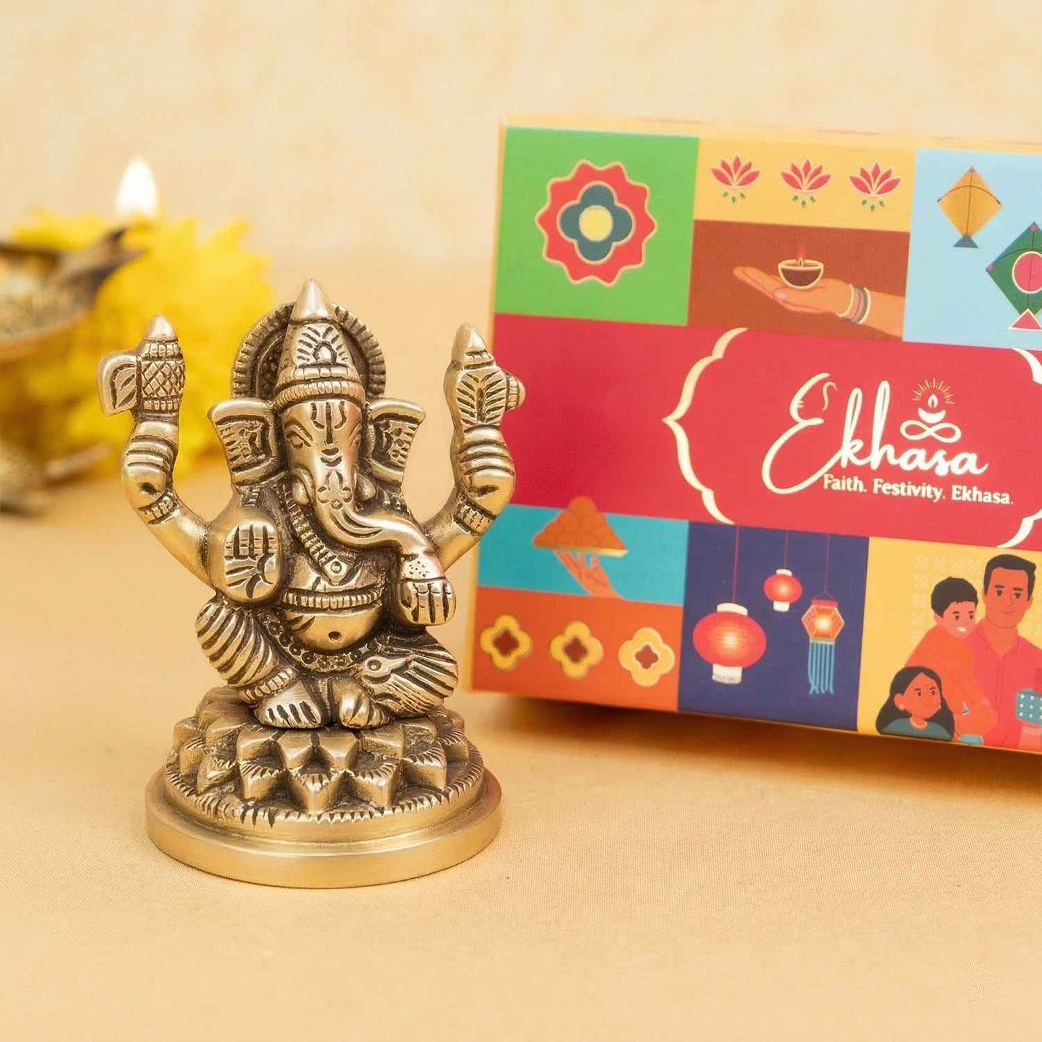 Brass Ganesha Idol with Gift Box for Housewarming, Wedding & Gifting