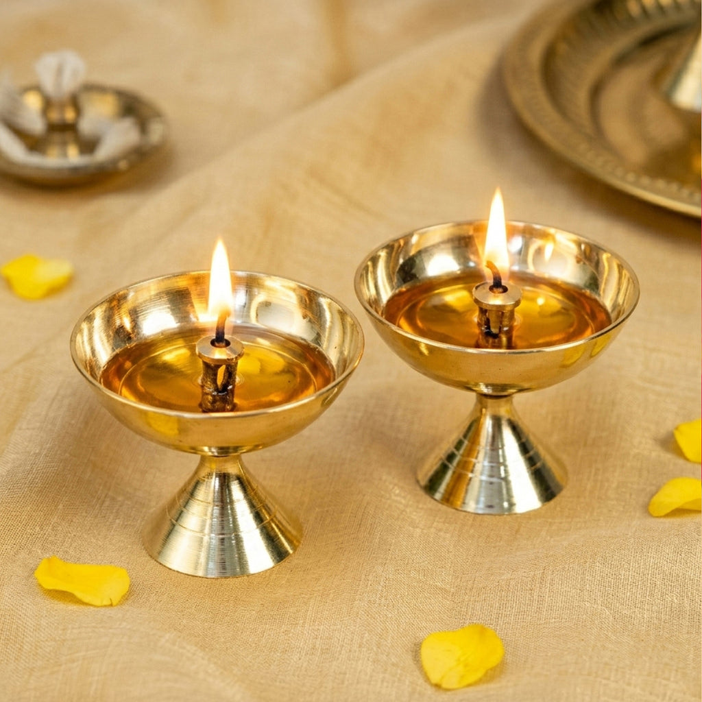 Pure Brass Diya Set of 2 for Pooja, Home Temple & Festival Decor