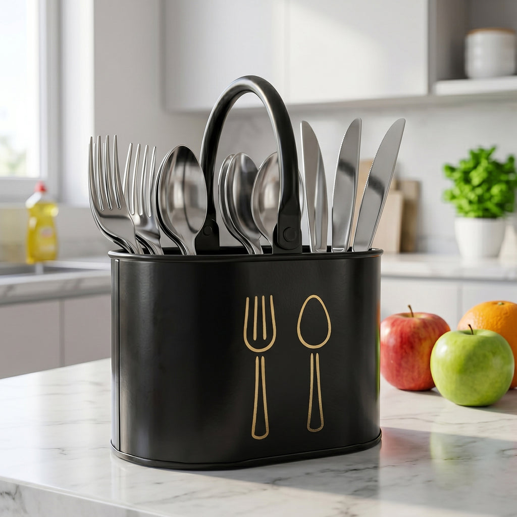 4 Compartment Metal Cutlery Holder with Handle