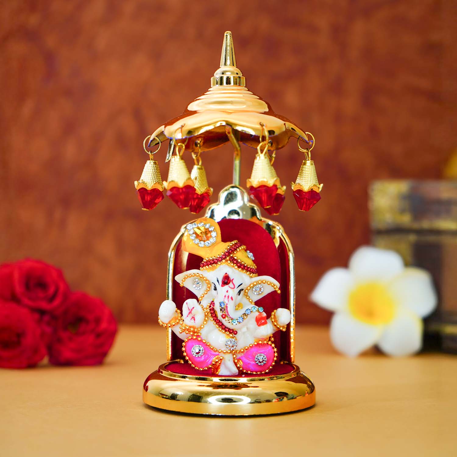 Ganesha Idol with Umbrella for Car Dashboard Decor & Spiritual Gifting