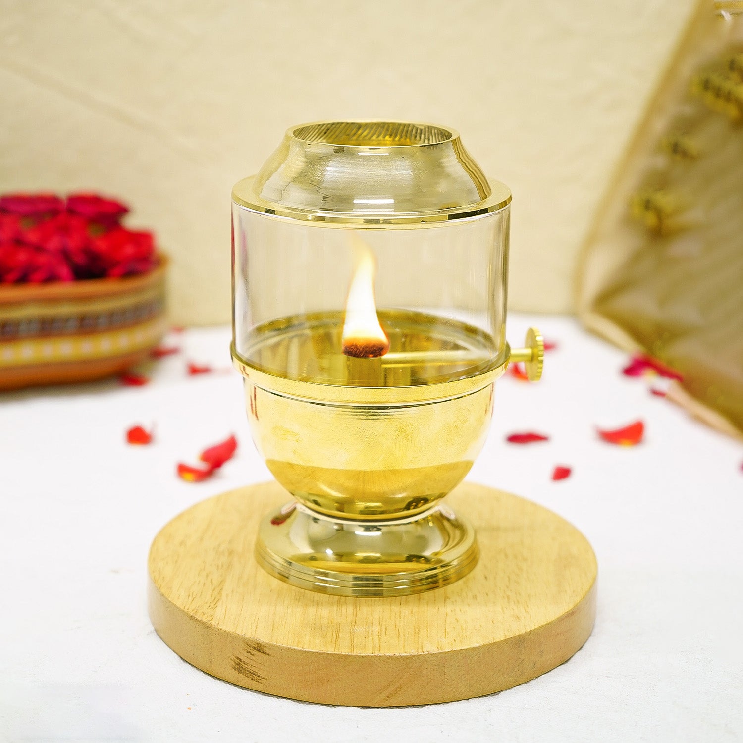 Brass Akhand Jyot Diya with Adjustable Bati Knob & Glass Cover for Puja(Medium Size, 150 ml Oil Capacity)