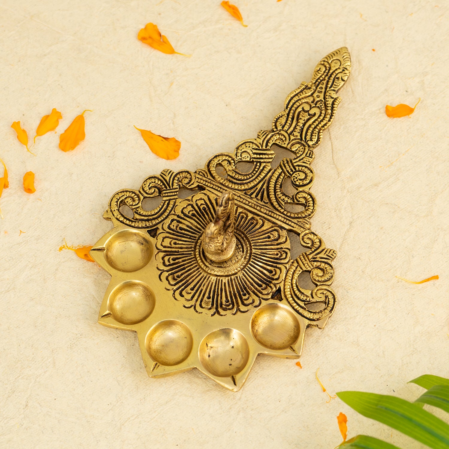 Pure Brass Panch Aarti Diya for Home Pooja & Temple Use