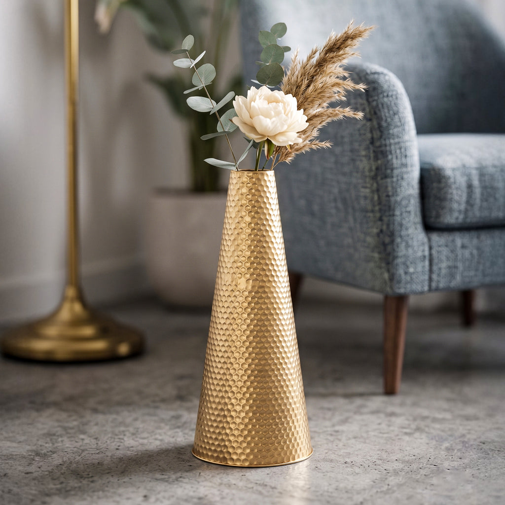Tapered Golden Metal Vase for Home Decor, Living Room & Gifting