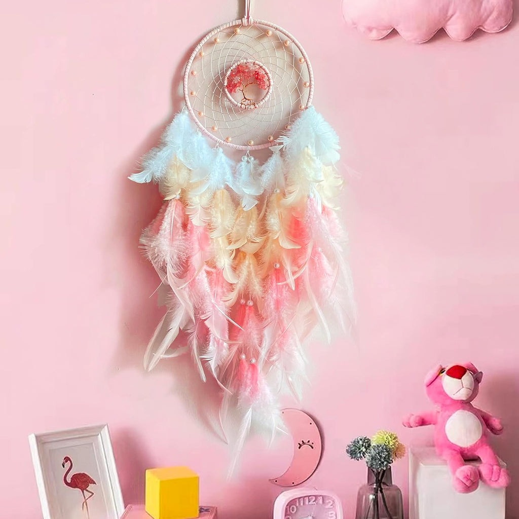 Pink Feather Dream Catcher with Tree of Life for Wall Decor & Bedroom Decoration