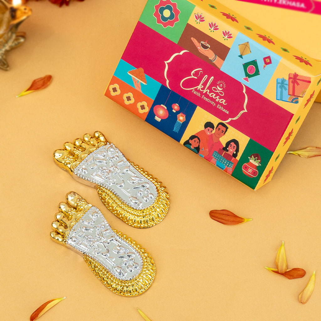 999 Silver Plated Lakshmi Charan Paduka with Gift Box for Housewarming , Wedding, Vastu & Gifting