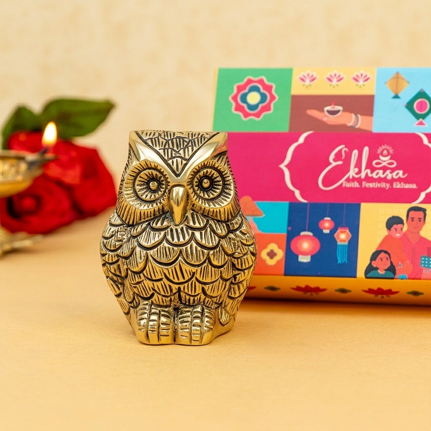 Brass Owl Showpiece with Gift Box for Housewarming, Wedding & Gifting