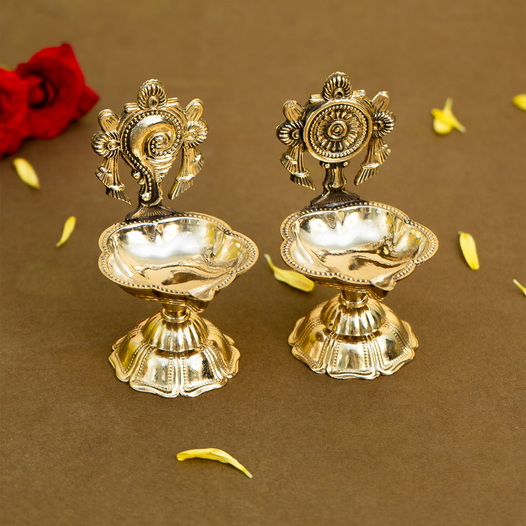 Brass Shanku Chakra Diya Set for Pooja & Home Decor