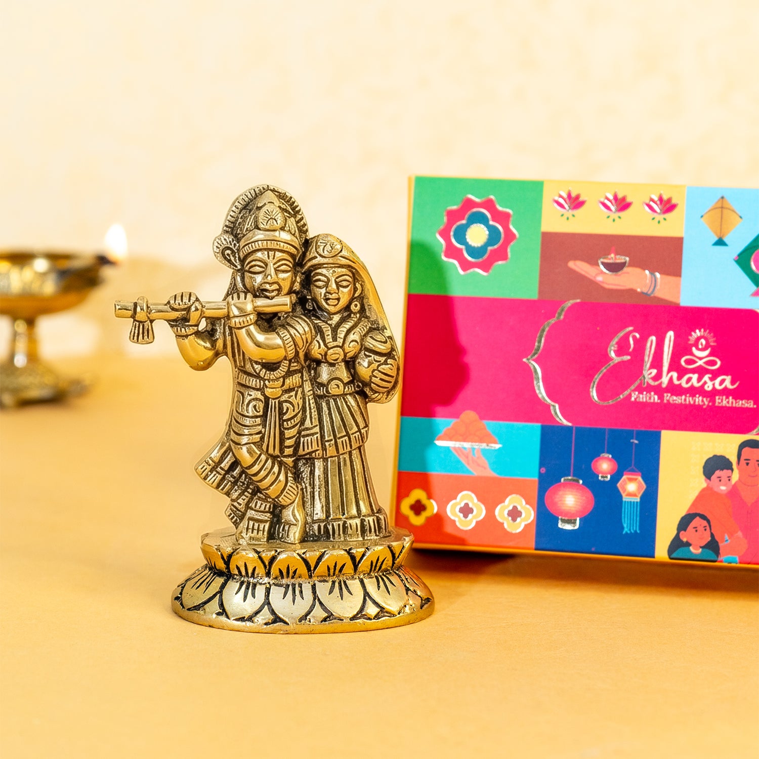 Brass Radha Krishna Idol with Gift Box for Housewarming, Wedding & Gifting