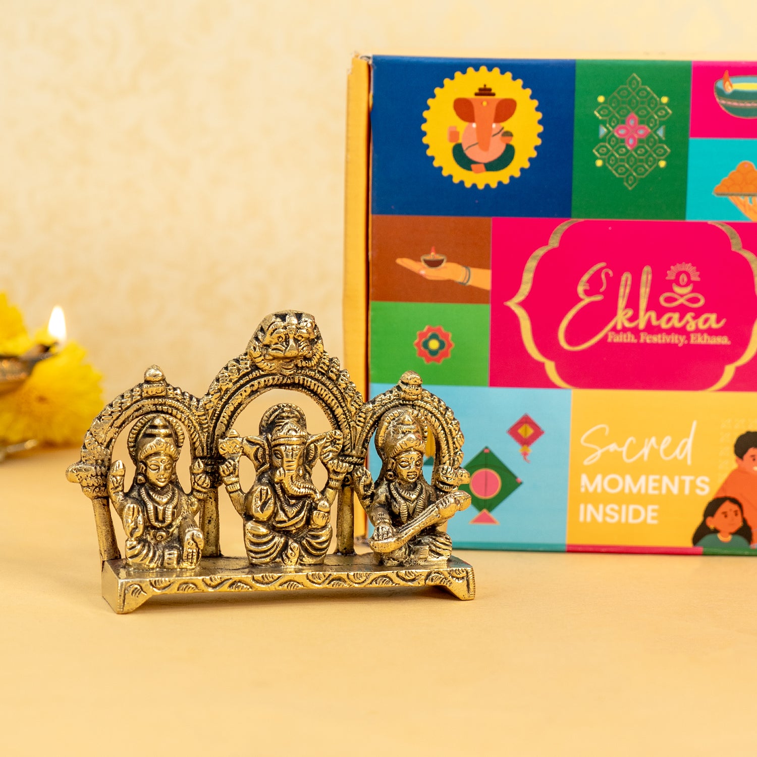 Brass Lakshmi Ganesh Saraswati Idol with Gift Box for Housewarming, Wedding & Gifting