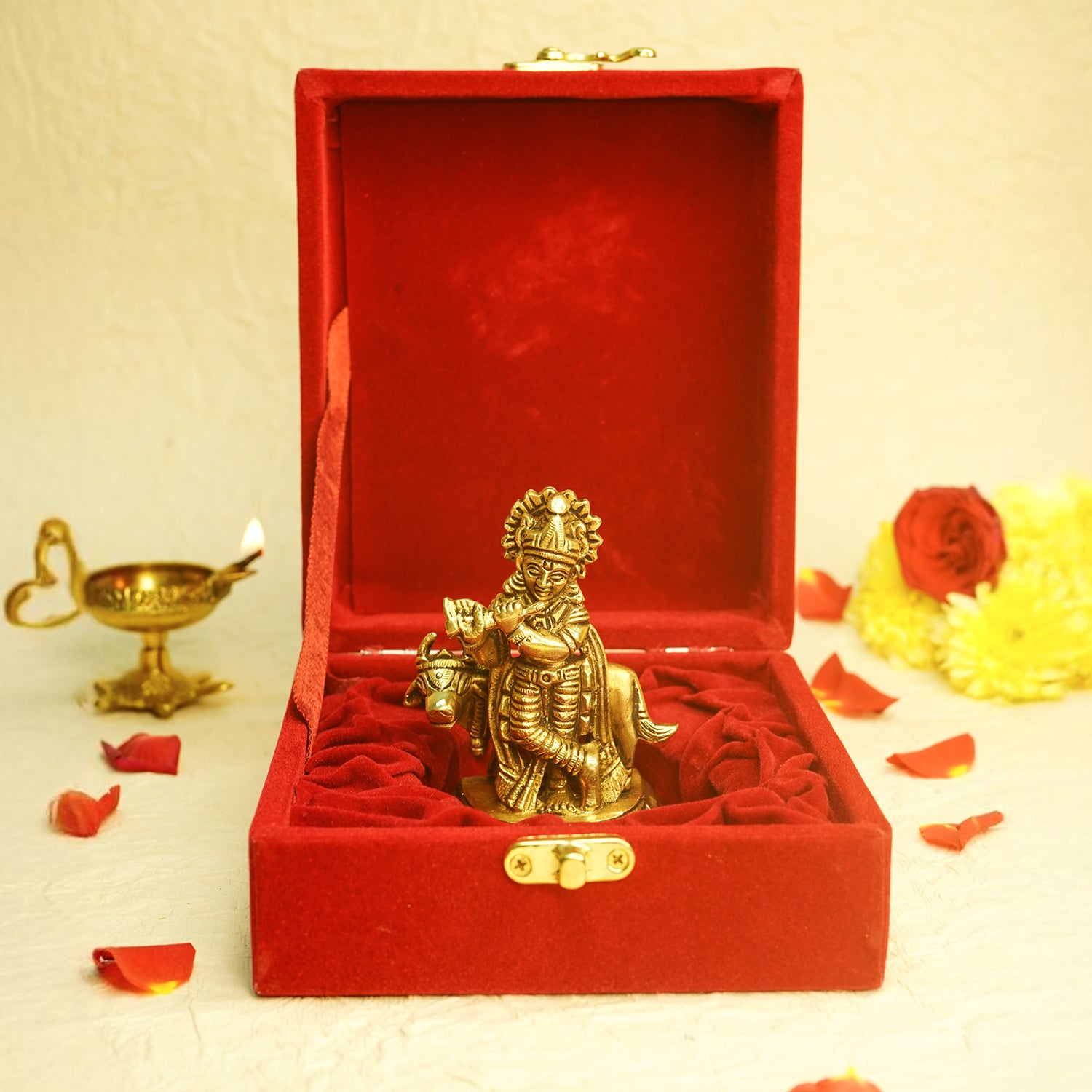 Pure Brass Krishna Idol with Velvet Gift Box for Housewarming, Wedding & Gifting