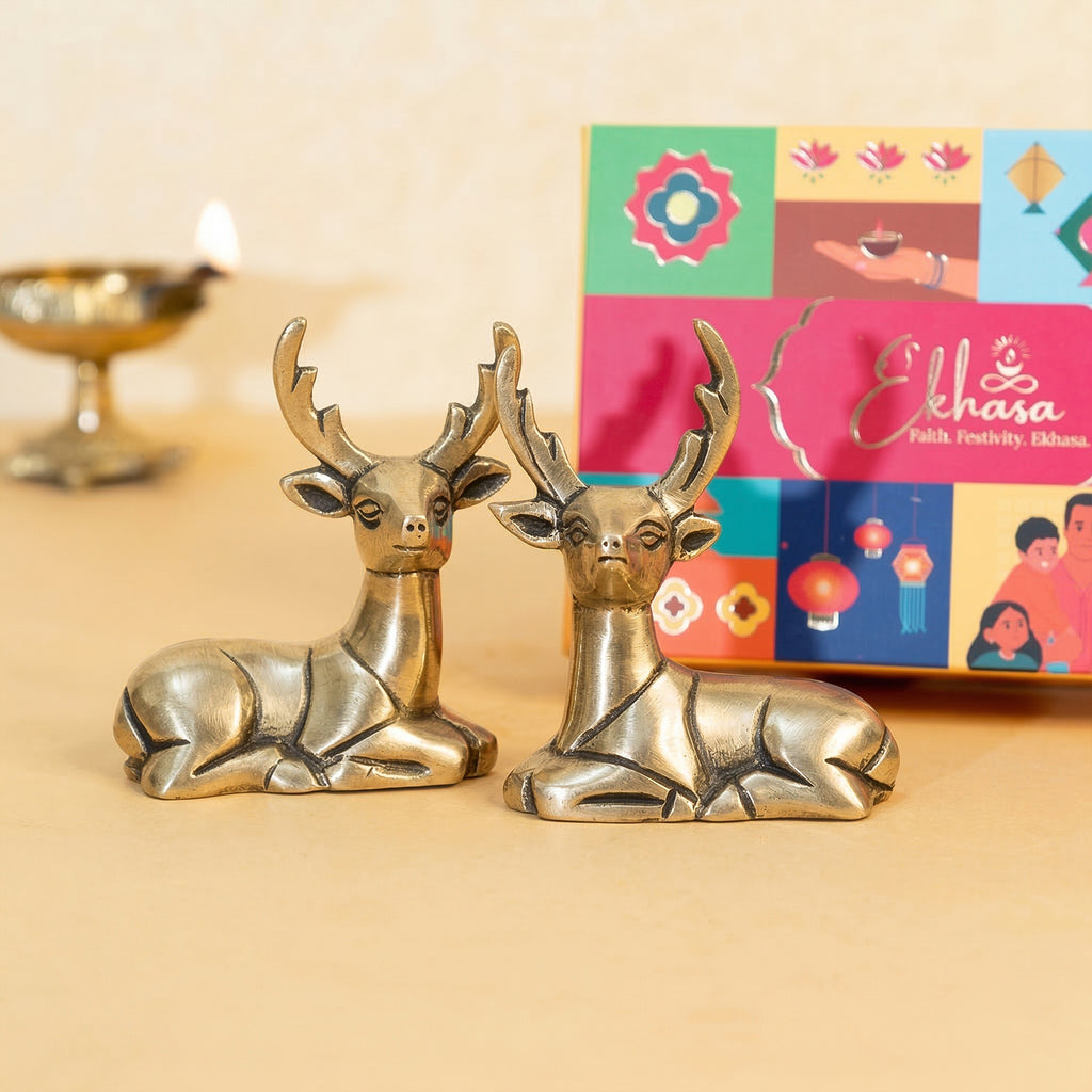Brass Deer Showpiece Pair with Gift Box for Housewarming, Wedding & Gifting