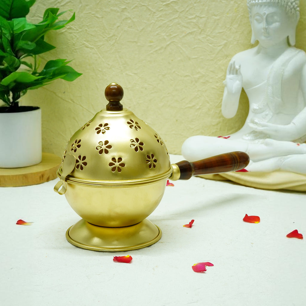 Metal Dhoop Dani with Wooden Holder for Pooja & Home Decor