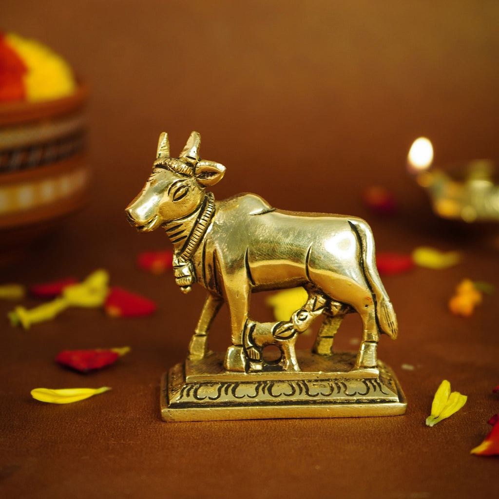 Pure Brass Kamdhenu Cow with Calf Idol for Vastu, Pooja & Home Decor