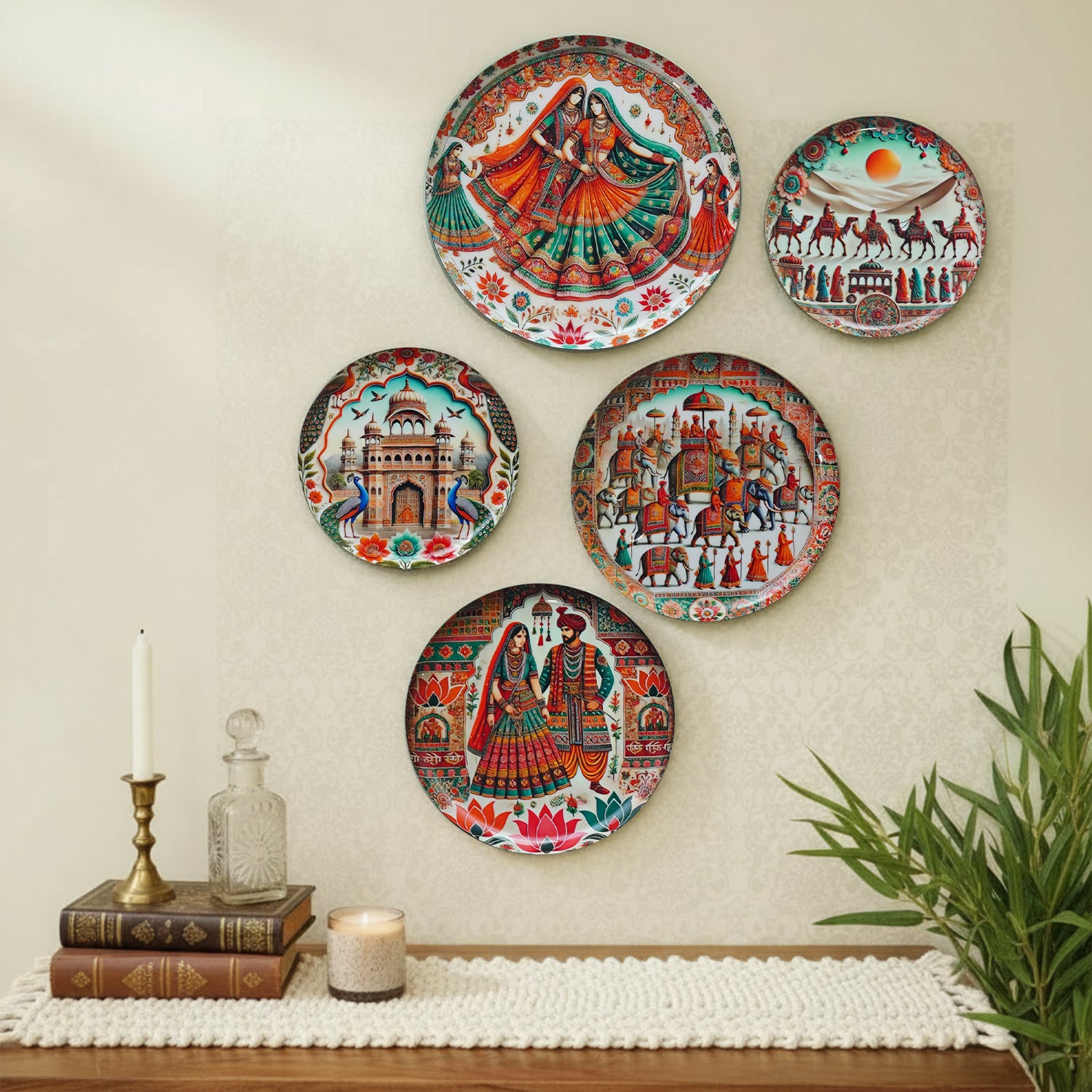Rajasthani Art Metal Wall Hanging Plates Set of 5 for Living Room & Home Decor