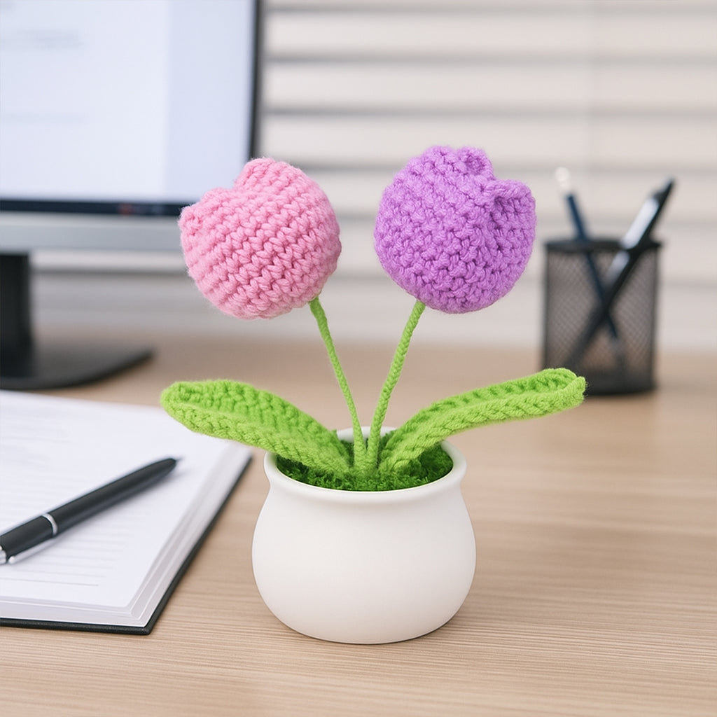Crochet Tulip Flowers Pot for Home Decor & Office Desk Decoration