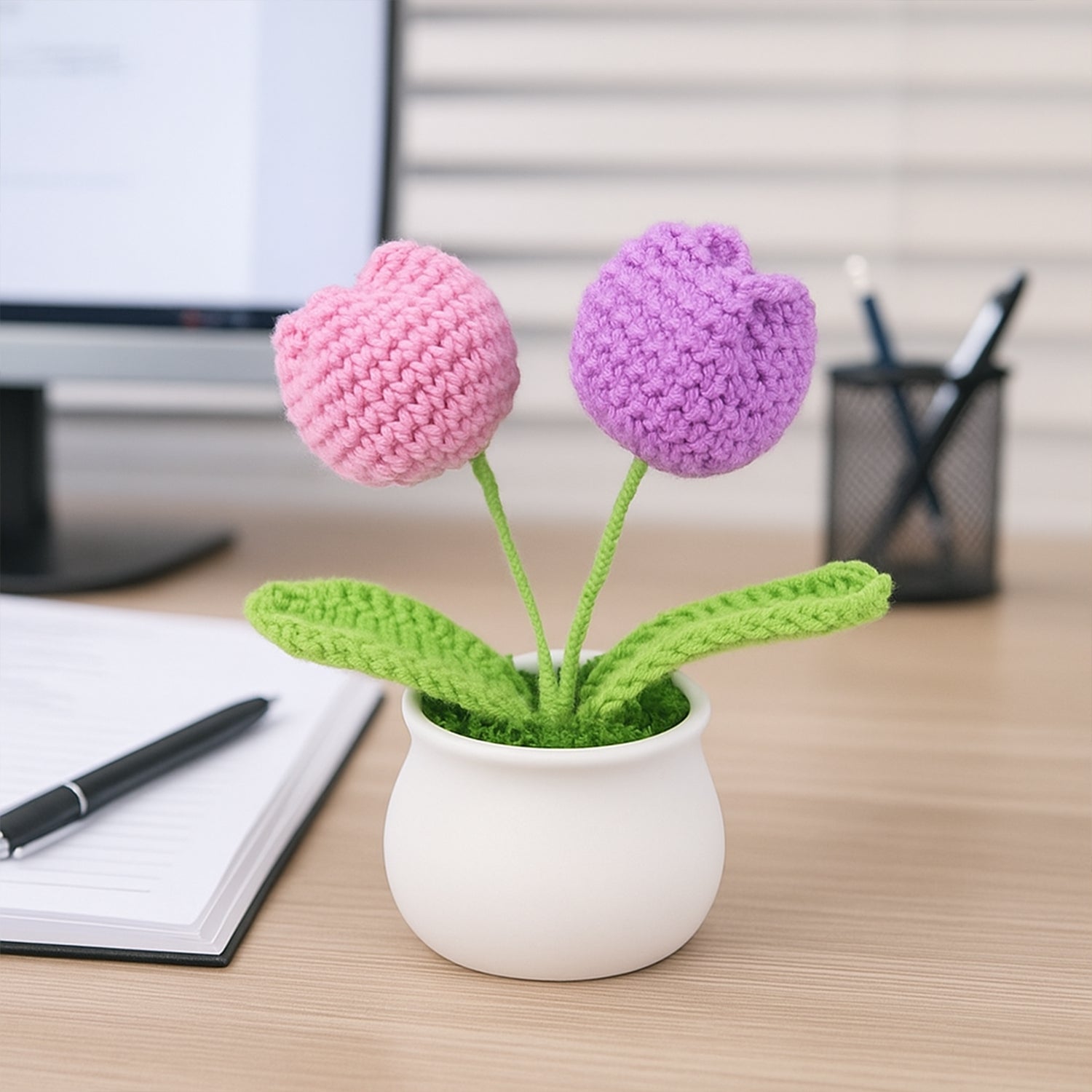 Crochet Tulip Flowers Pot for Home Decor & Office Desk Decoration