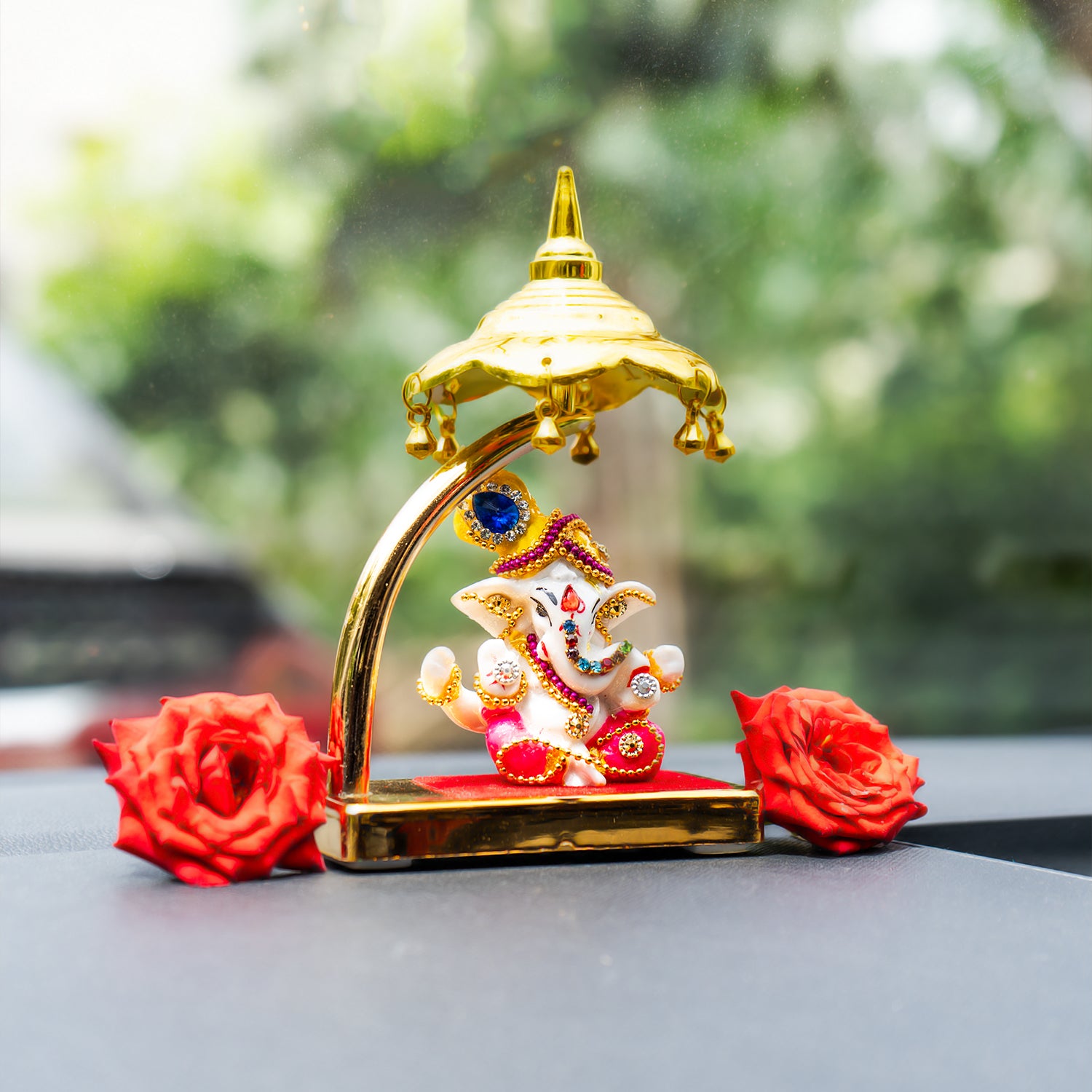 Ganesha Idol with Umbrella for Car Dashboard Decor & Spiritual Gifting