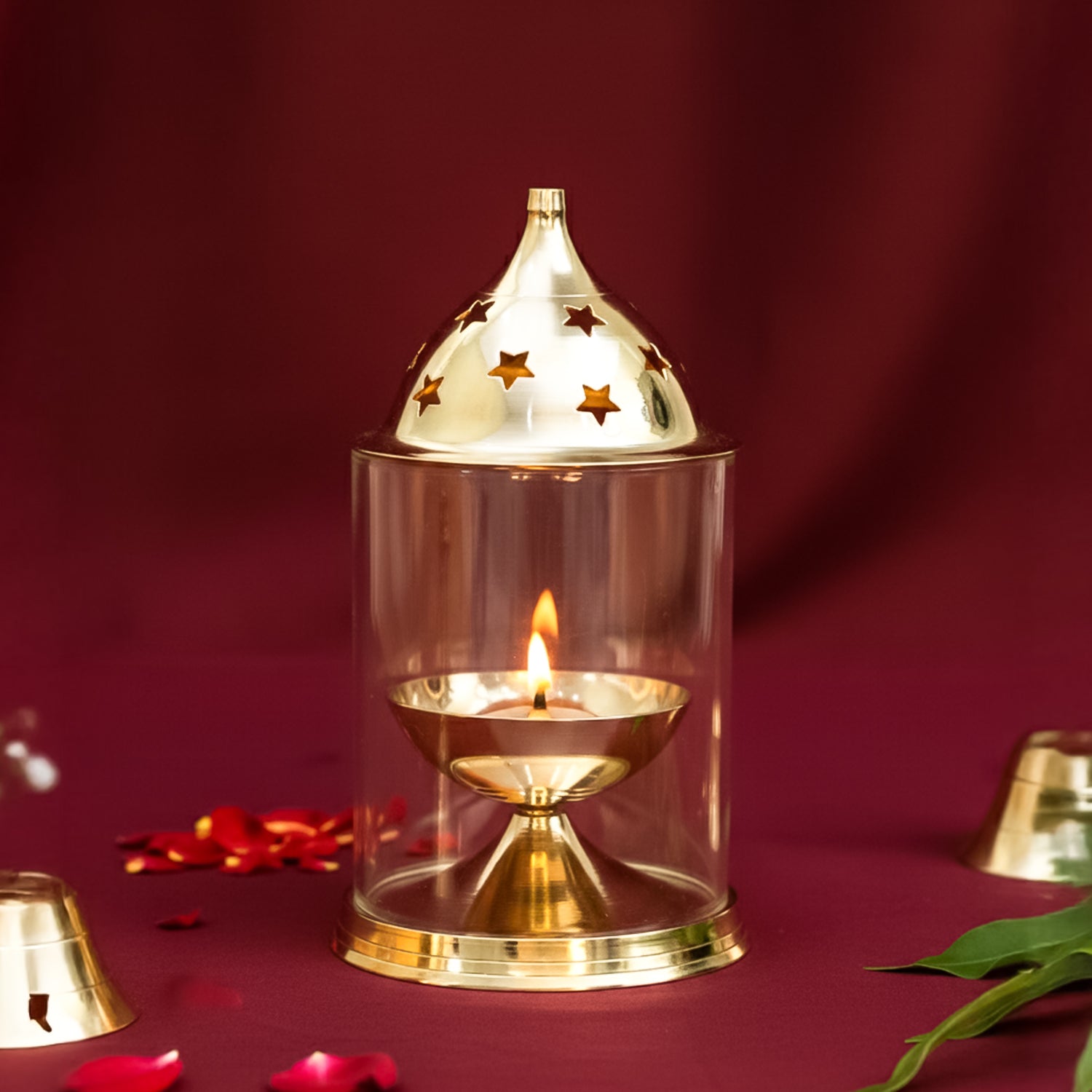Brass Akhand Jyot Diya with Adjustable Bati Knob & Glass Cover for Puja