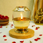 Brass Akhand Jyot Diya with Adjustable Bati Knob & Glass Cover for Puja(250 ML)