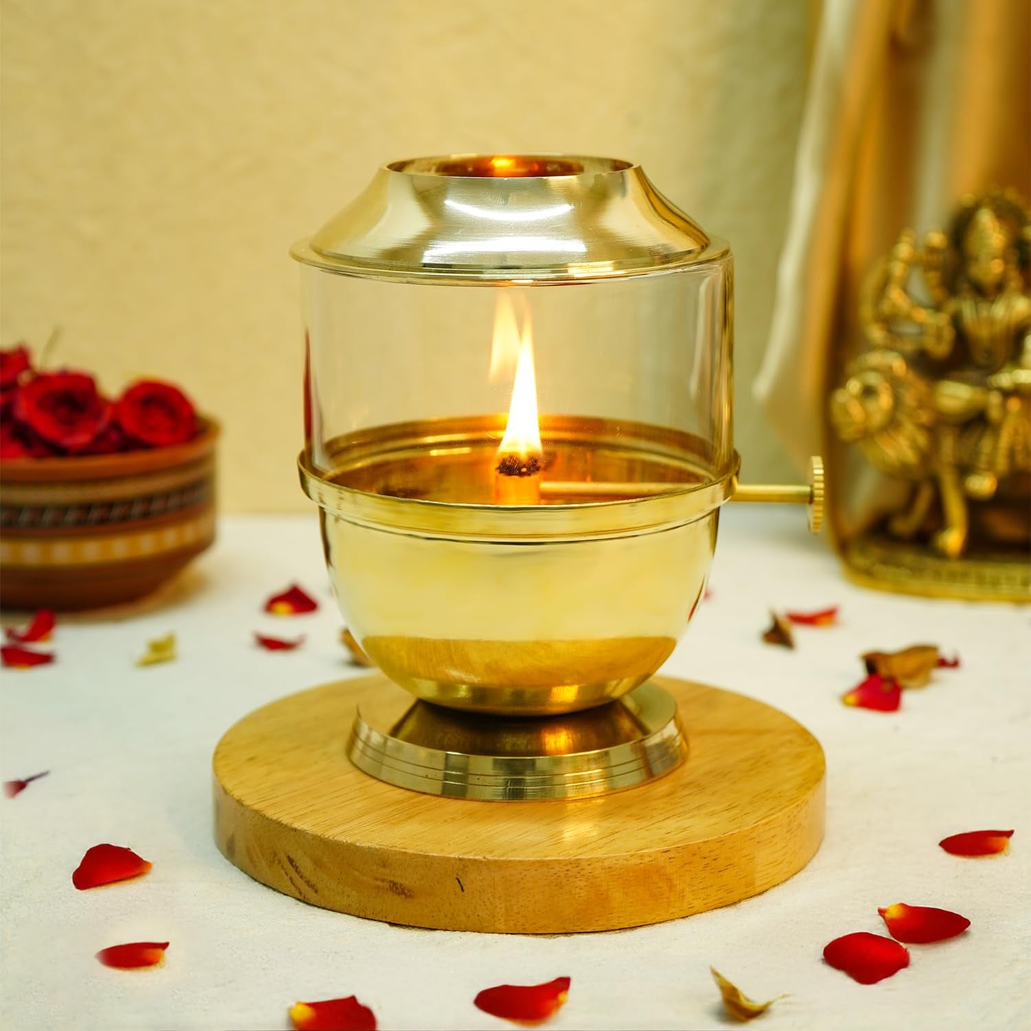 Brass Akhand Jyot Diya with Adjustable Bati Knob & Glass Cover for Puja(250 ML)