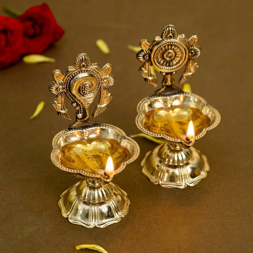 Brass Shanku Chakra Diya Set for Pooja & Home Decor