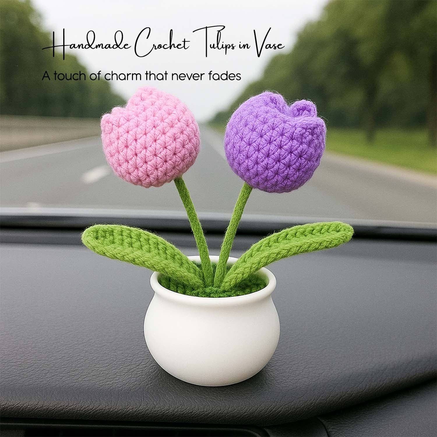 Crochet Tulip Flowers Pot for Home Decor & Office Desk Decoration