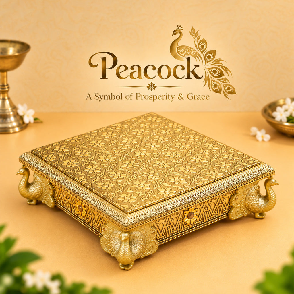 Gold Toned Wooden Peacock Chowki for Pooja, Home Temple & Festive Gifting