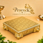 Gold Toned Wooden Peacock Chowki for Pooja, Home Temple & Festive Gifting