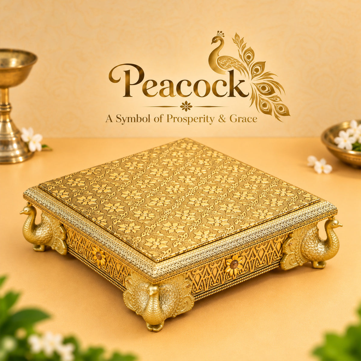 Gold Toned Wooden Peacock Chowki for Pooja, Home Temple & Festive Gifting