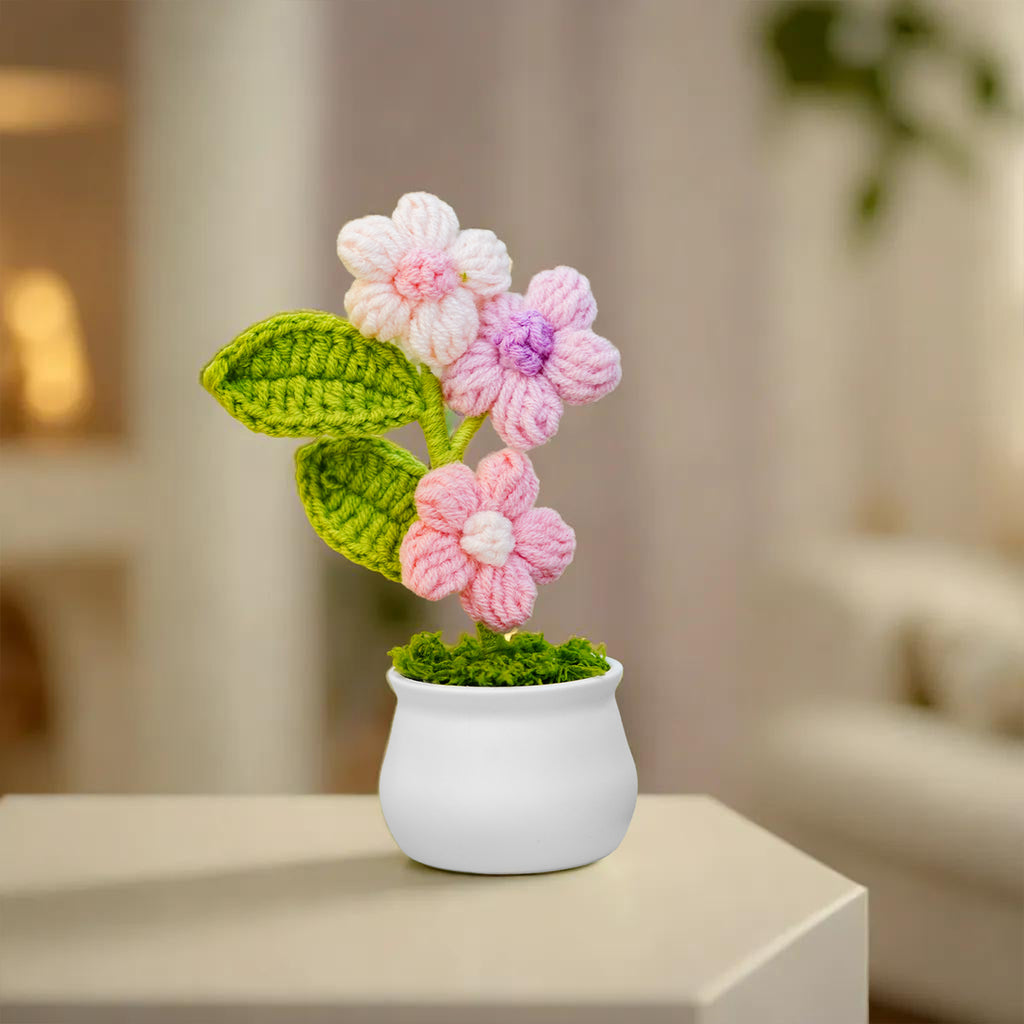 Crochet Cherry Blossom Flowers Pot for Home Decor & Gifting