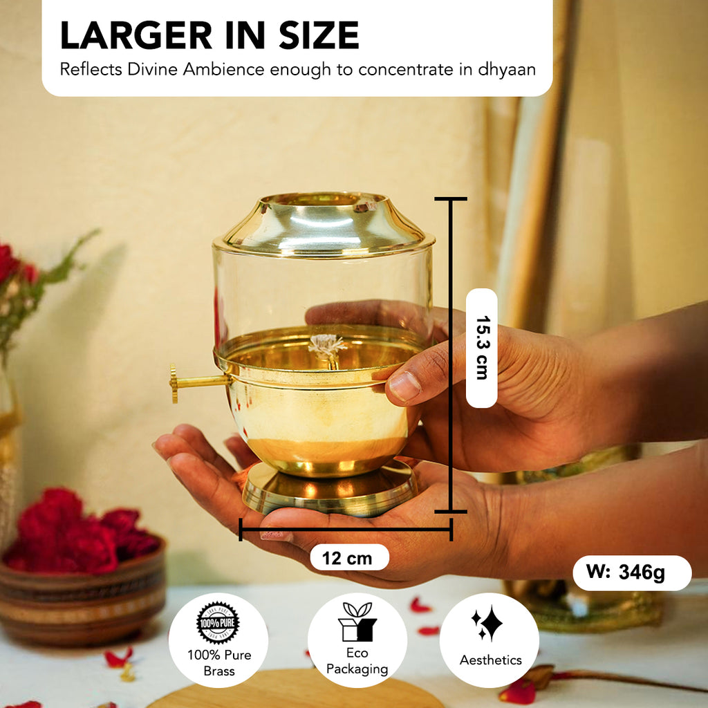 Brass Akhand Jyot Diya with Adjustable Bati Knob & Glass Cover for Puja(250 ML)