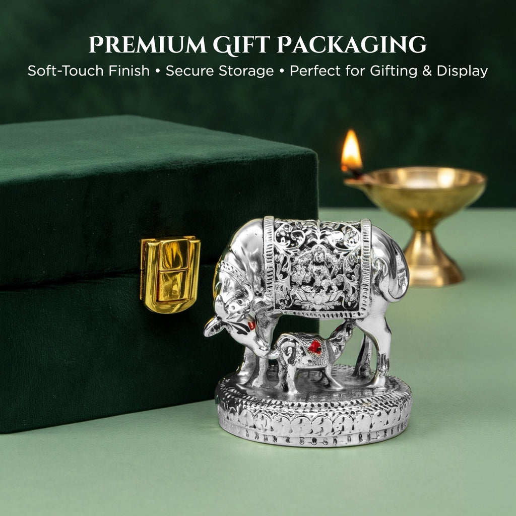 999 Silver Plated Kamdhenu Cow with Calf with Green Velvet Gift Box for Vastu, Housewarming & Wedding Gift