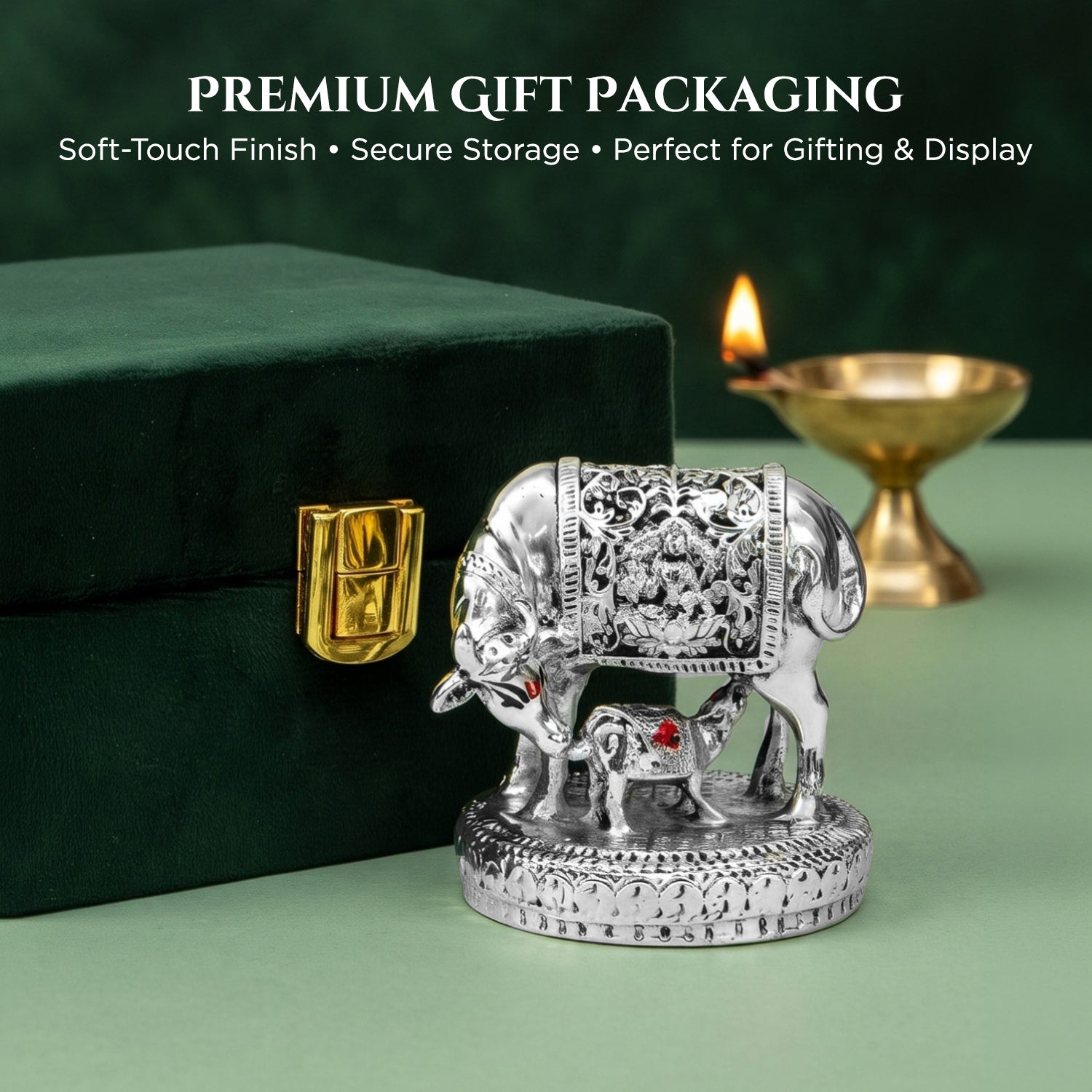 999 Silver Plated Kamdhenu Cow with Calf with Green Velvet Gift Box for Vastu, Housewarming & Wedding Gift