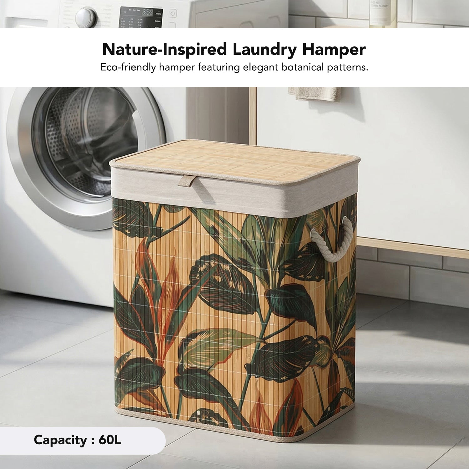 Bamboo Leaf Design Foldable Laundry Basket with Lid for Storage & Organization