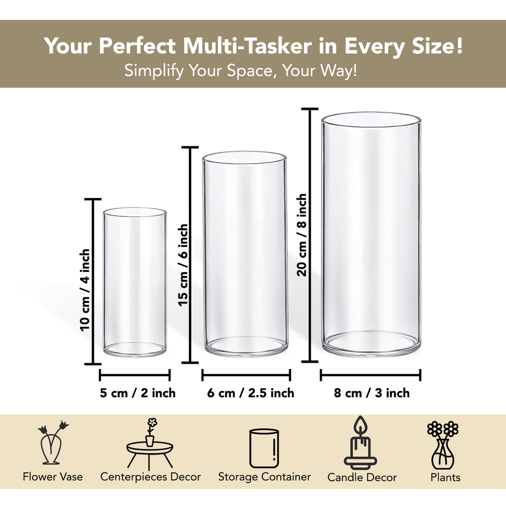 Cylindrical Glass Vase Set of 3 for Home Decor & Gifting