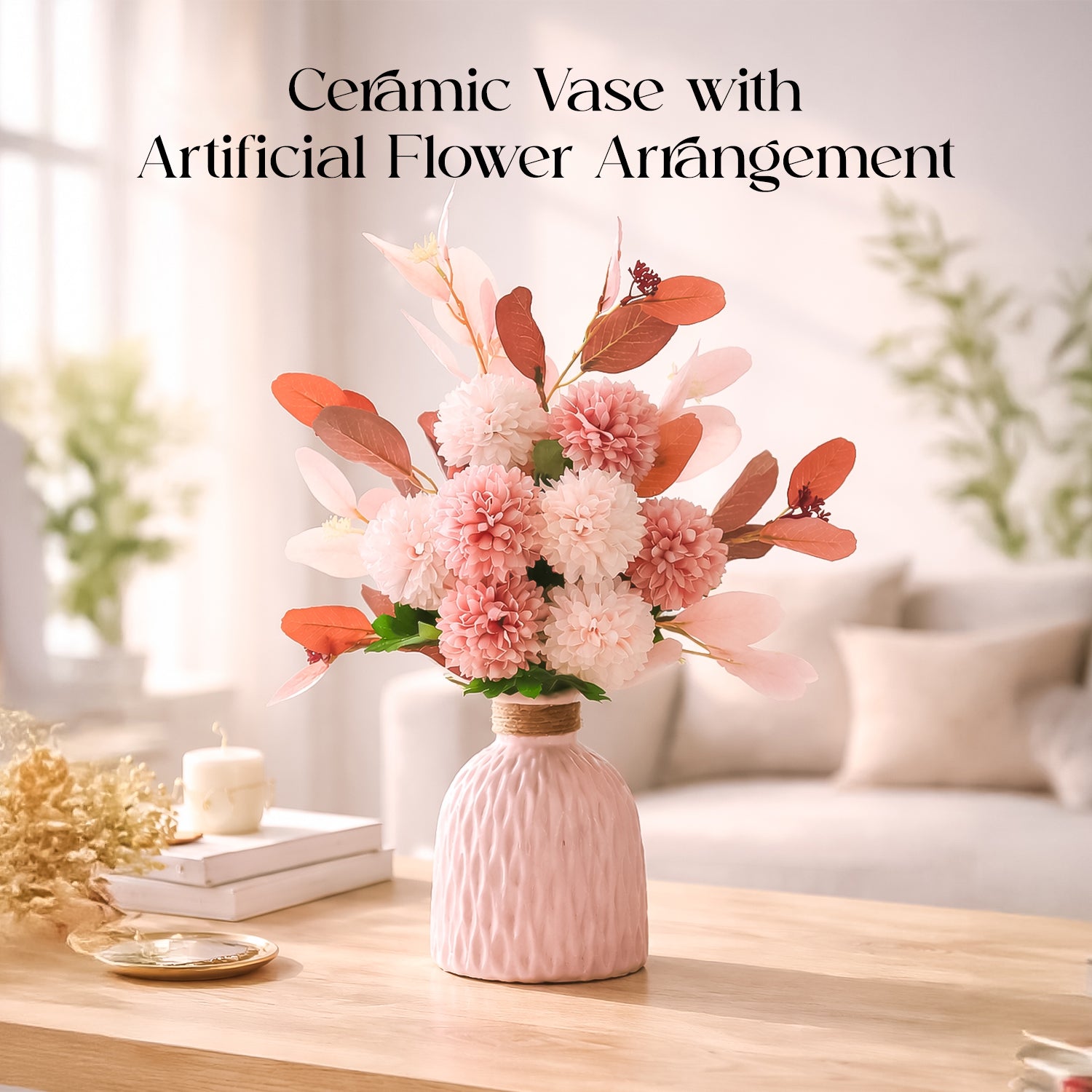 Ceramic Vase with Artificial Flowers for Table Decor, Bedroom & Home Gifting