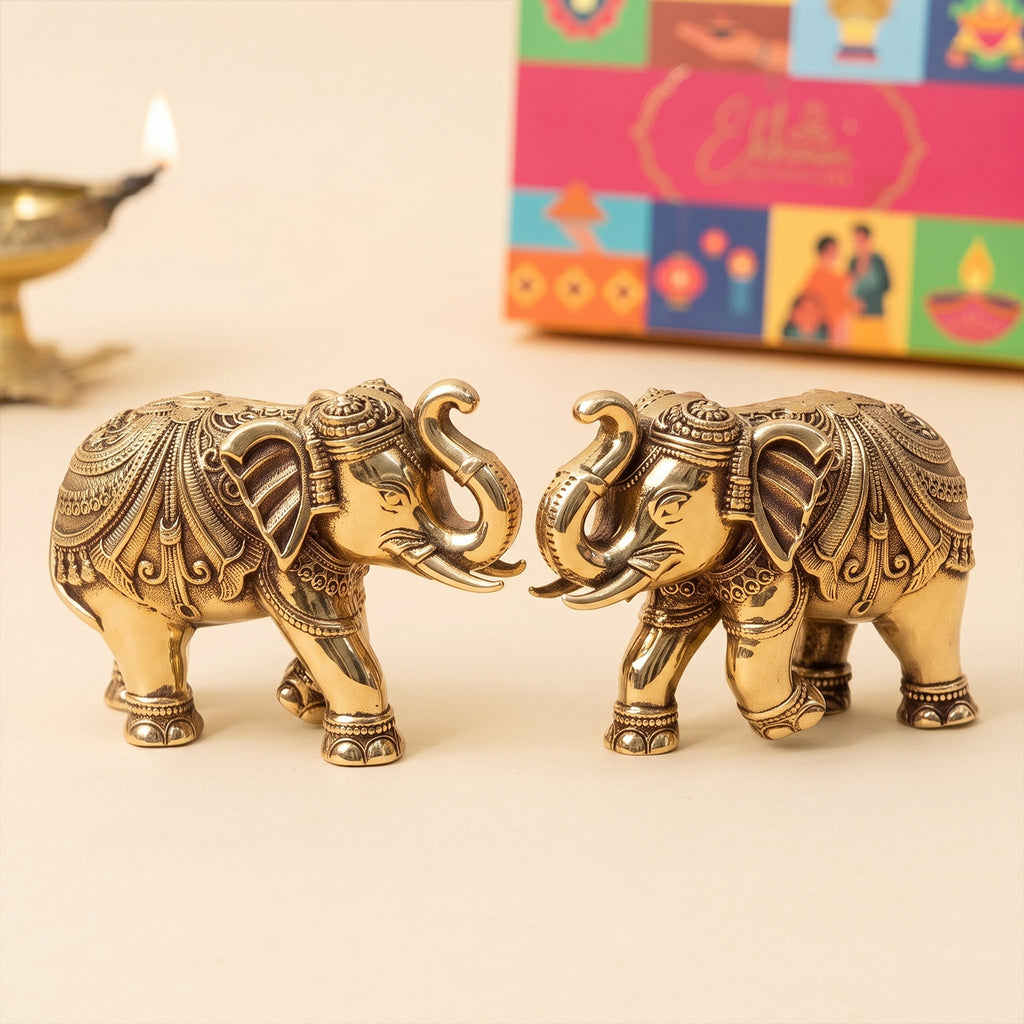 Brass Elephant Showpiece Pair with Gift Box for Housewarming, Wedding & Vastu Gifting