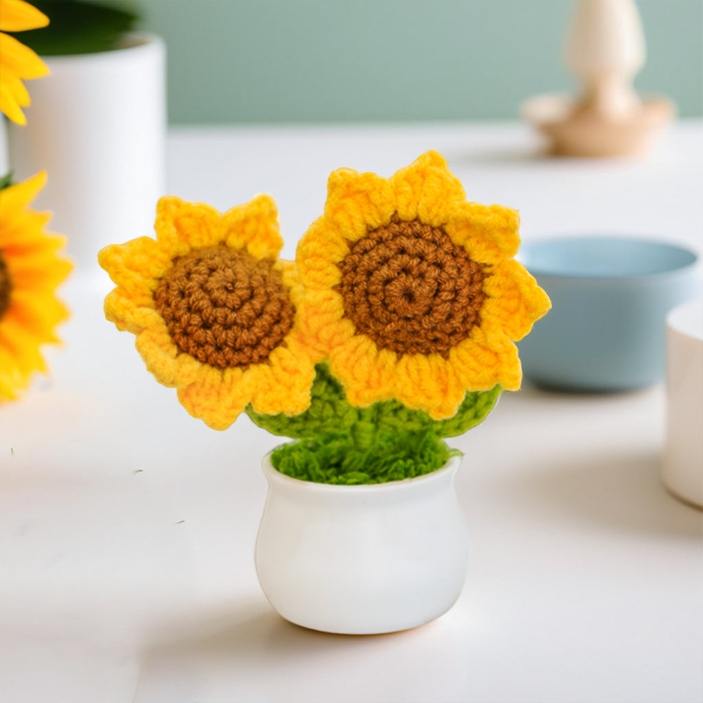 Crochet Sunflower with Pot for Car Dashboard, Table Decor, Office & Home Gifting