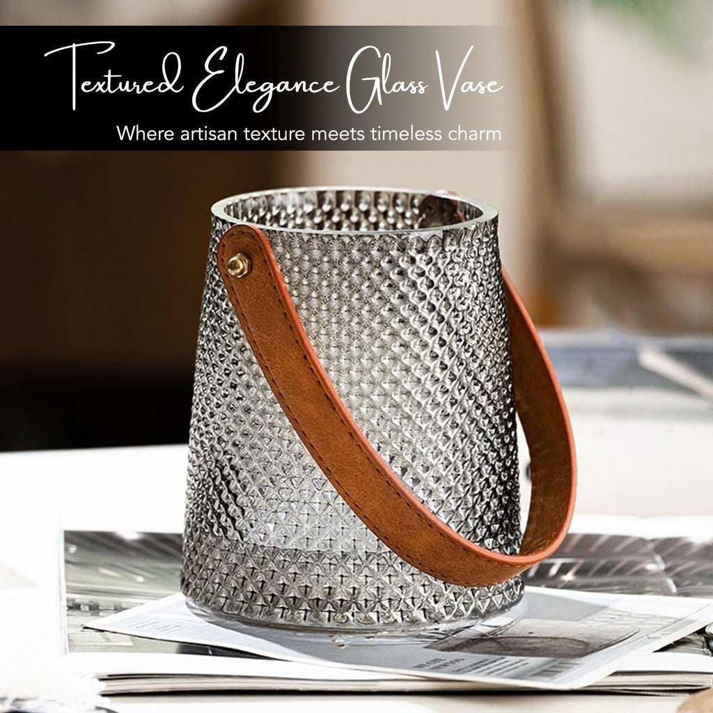 Glass Flower Vase with Leather Handle for Home Decor & Table Decoration