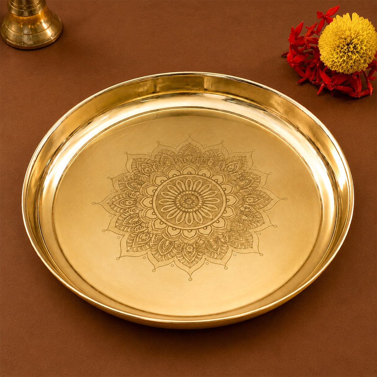 Brass Mandala Engraved Pooja Thali(8 inch) for Aarti, Pooja Rituals, Festive & Gifting