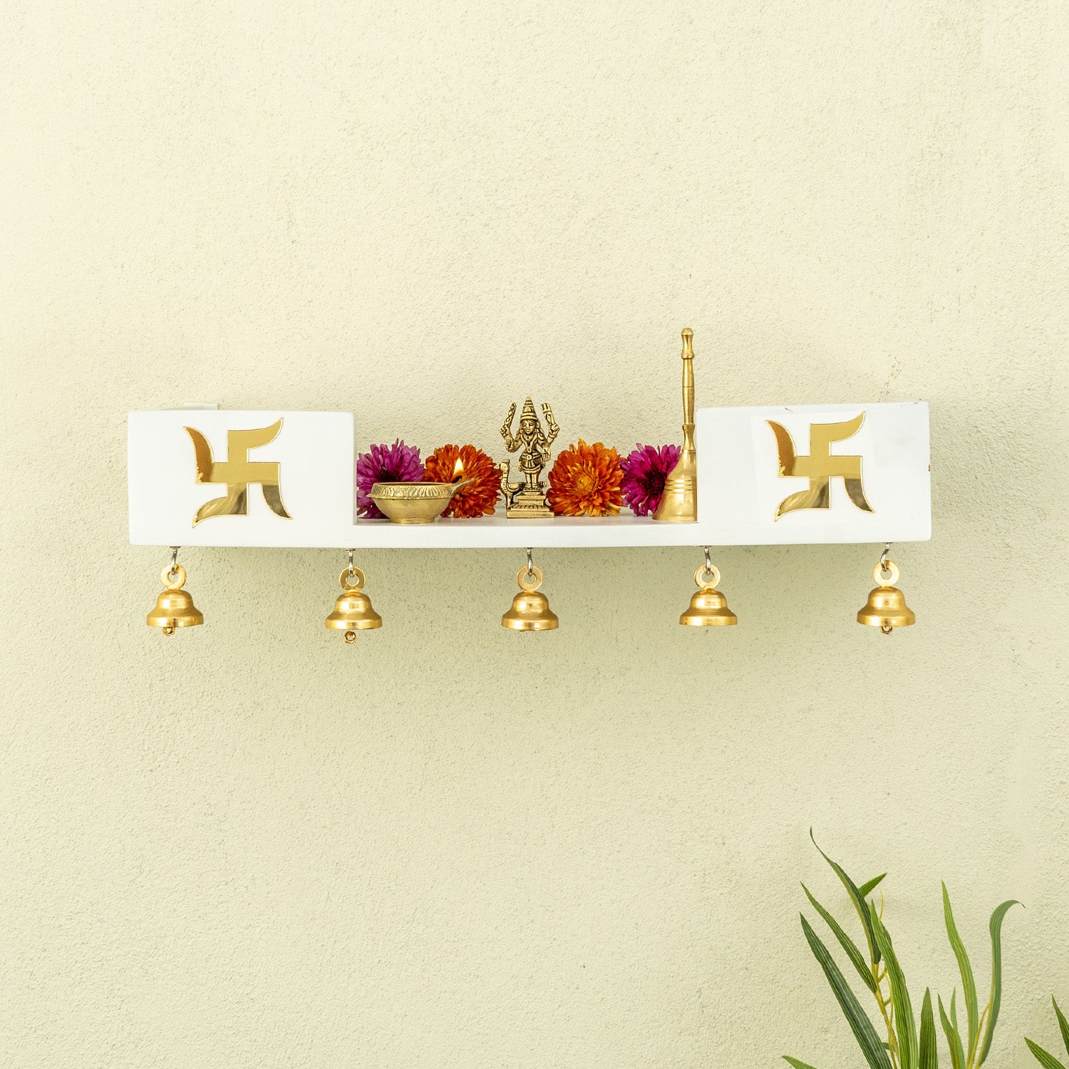 Wooden Wall Mounted Temple with Bells for Puja , Office & Home Decor