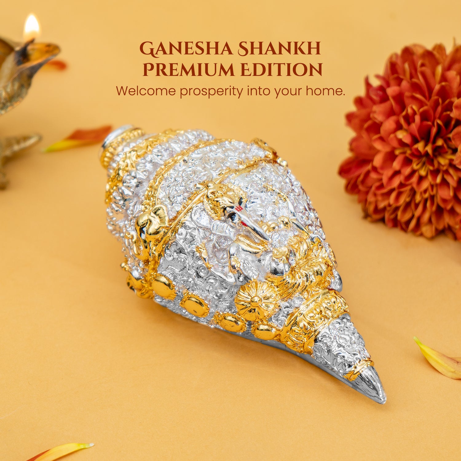 999 Silver Plated Ganesha Shankh with Gift Box for Vastu, Pooja & Gifting for Housewarming, Wedding