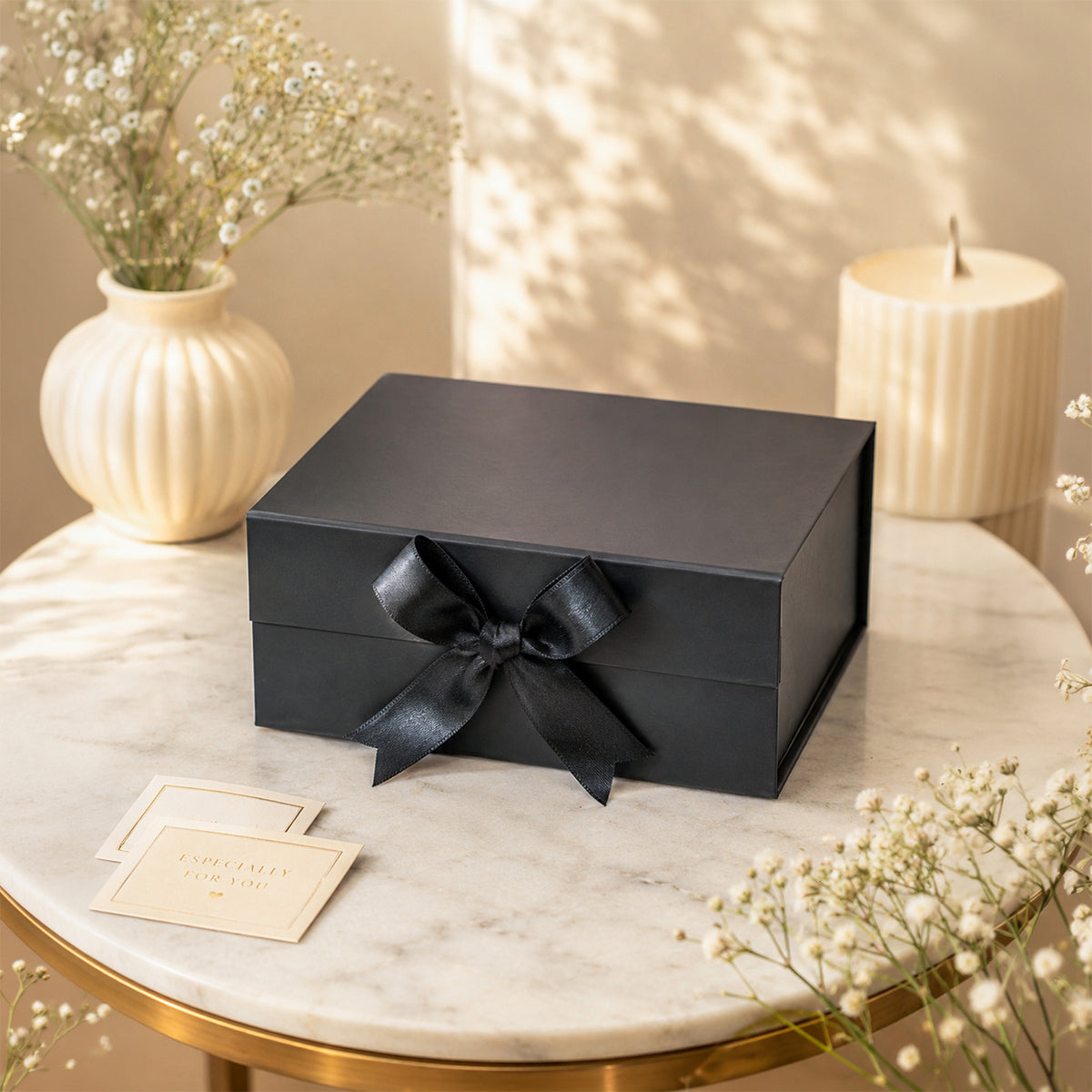 Black Foldable Multipurpose Empty Gift Hamper Box with Magnetic Closure & Ribbon (21.5 x 21 x 9.5 cm)